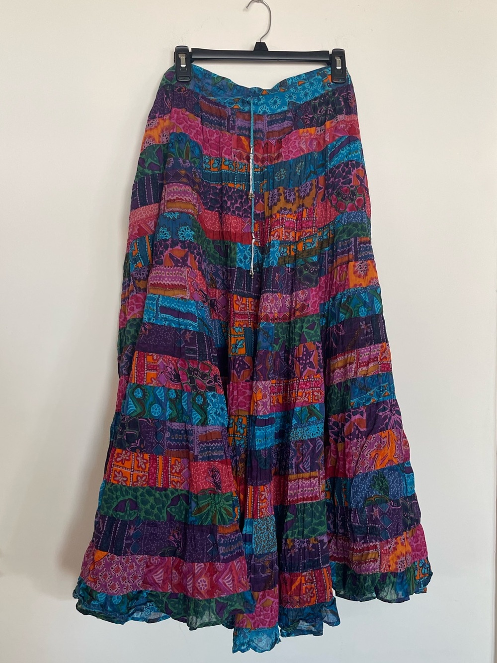 Vintage Patchwork Crinkled Tiered Full Circle Maxi Skirt Boho Gypsy Cotton